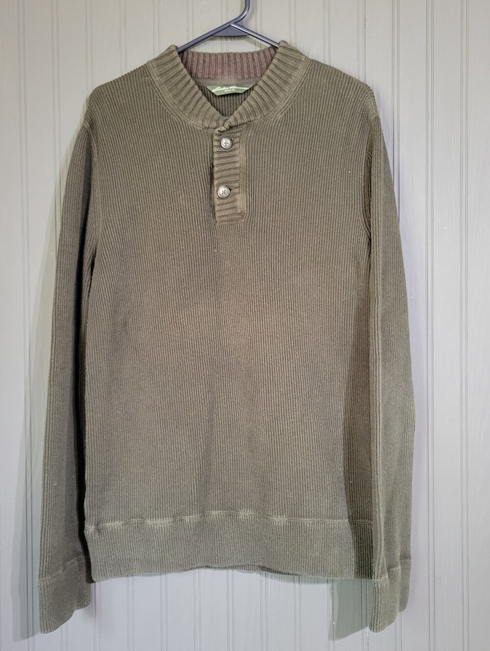 Eddie Bauer Ribbed Knit Henley Sweater Long Sleeve Olive Green Men's Large